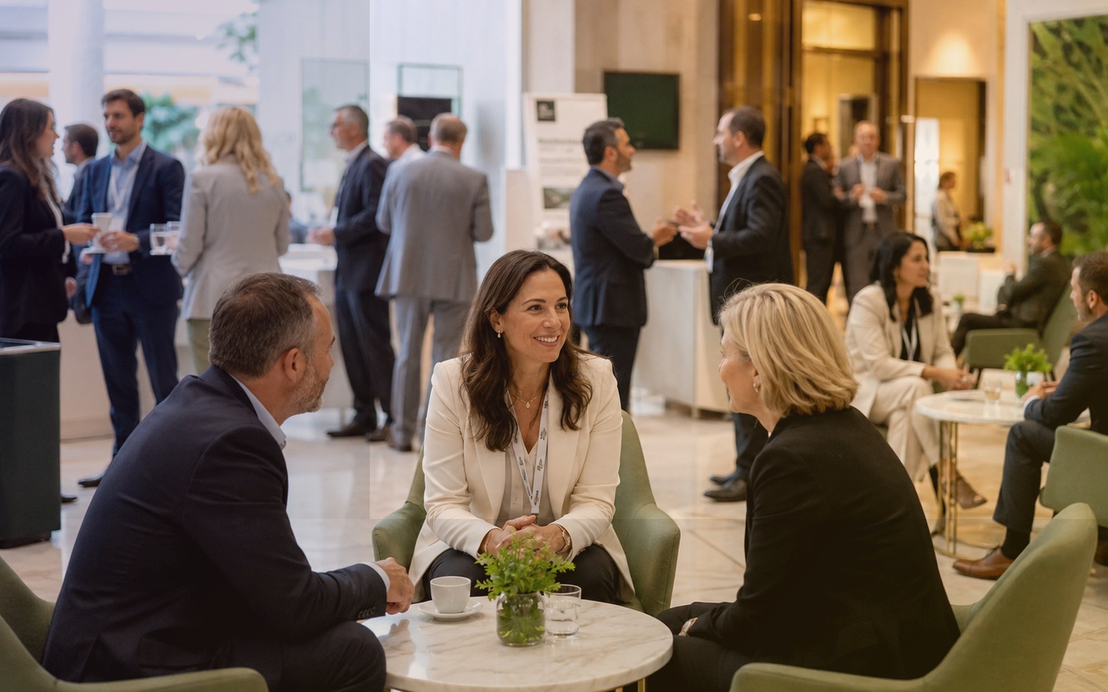Business professionals networking at a modern gathering venue